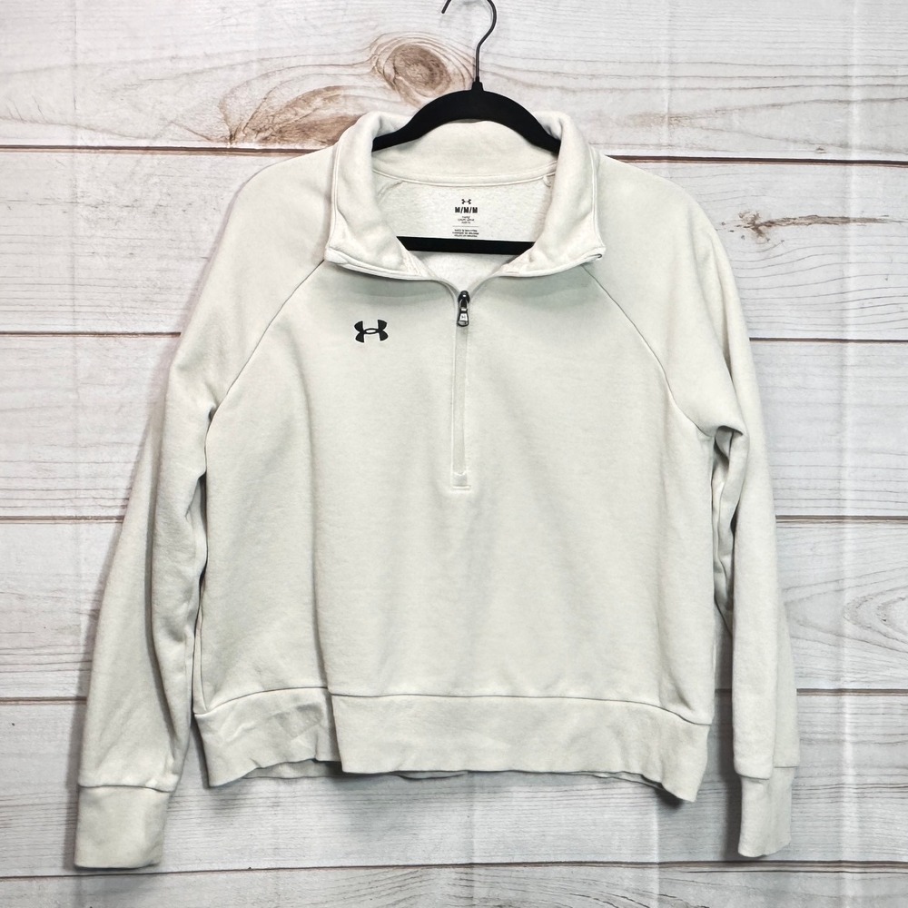 Under Armour Rival Terry Quarter Zip Sweatshirt Cream Crop Loose Fit Medium